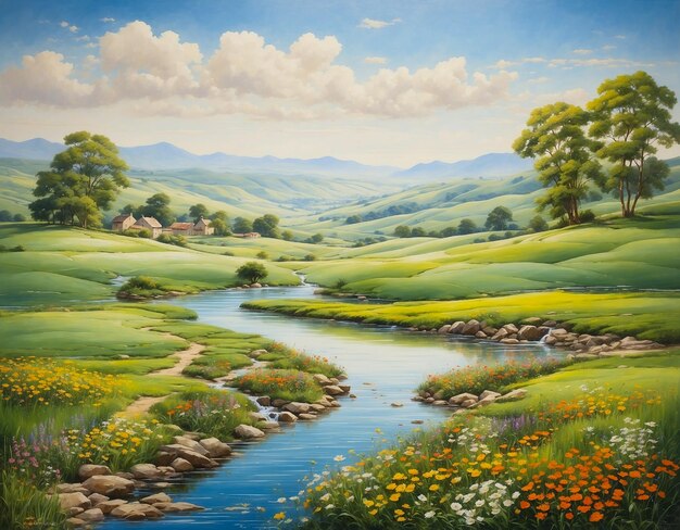 Photo a serene countryside showcasing rolling green hills vibrant wildflowers and streams