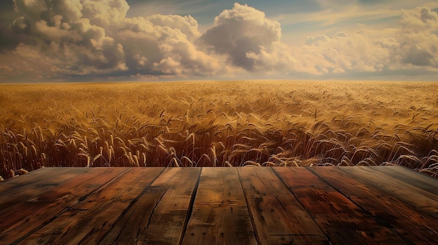 Foto campo di grano di campagna sereno con piattaforma in legno che si affaccia su vaste terreni agricoli paesaggio naturale perfetto per sfondo o arte concettuale ai