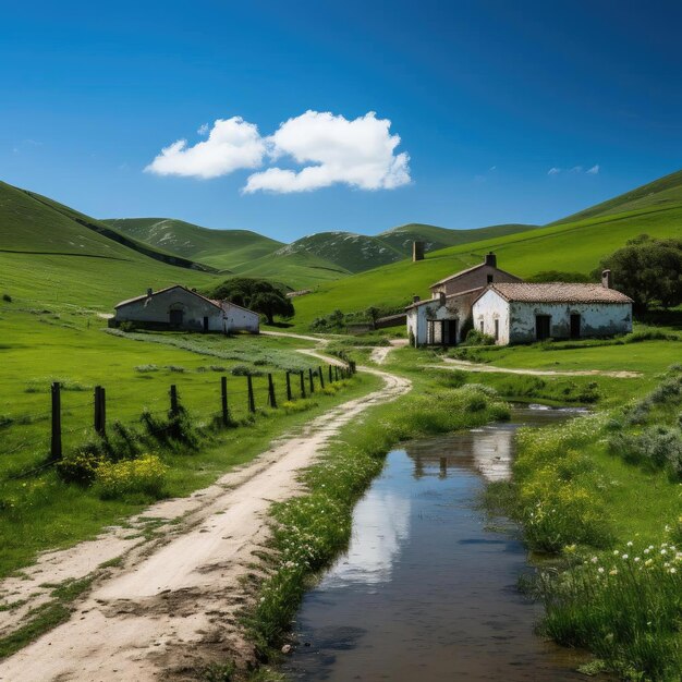 Serene countryside with a stream flowing through a green grassy field