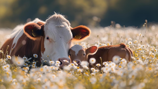 Photo serene cow and calf lying in a sunny meadow with daisies peaceful rural life captured in warm light ideal image for agriculture and nature themes ai