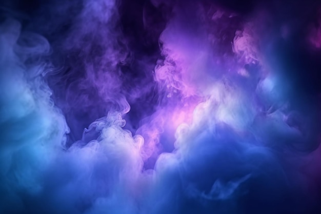 Serene darkness enveloped by purple and blue searchlights amidst smoke