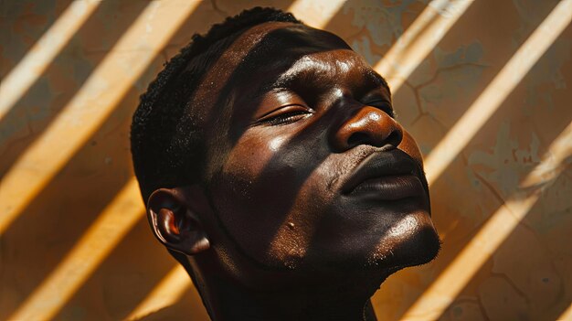 Serene darkskinned young man in sunlight shadows