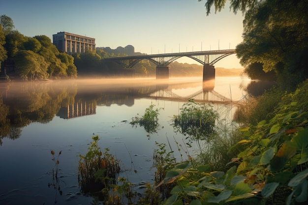 静かな夜明け 壮大な川の橋と自然が絡み合った 生産的なIA