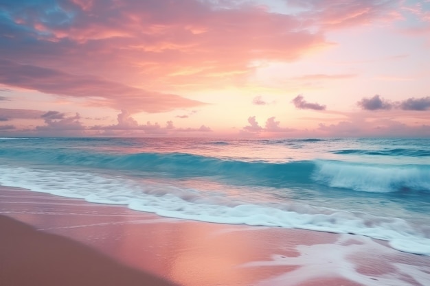 晴れた夜明けの海<unk>が日出の輝くビーチの上を飛ぶ 生成的なAI