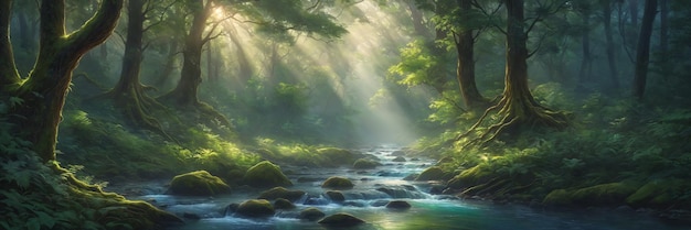 Serene day in the deep green forest sunlight peeking through lush trees over a babbling stream with mossy rocks