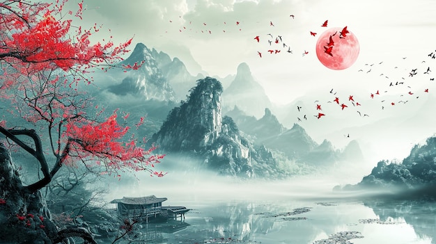 A serene depiction of a lunar landscape with Chinese New Year elements integrated hd lunar landsca