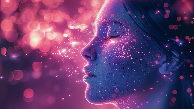 a serene depiction of a woman39s face illuminated by vibrant sparkling lights evoking a sense of mag