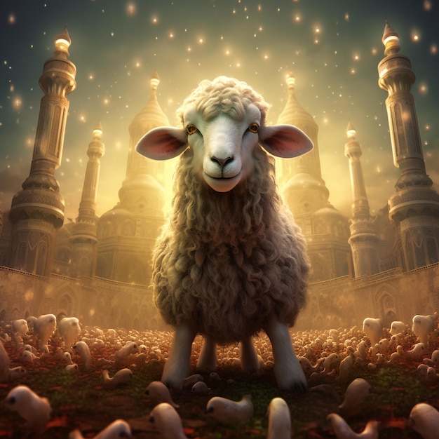 Serene Desert Landscape with Sheep and Mosque