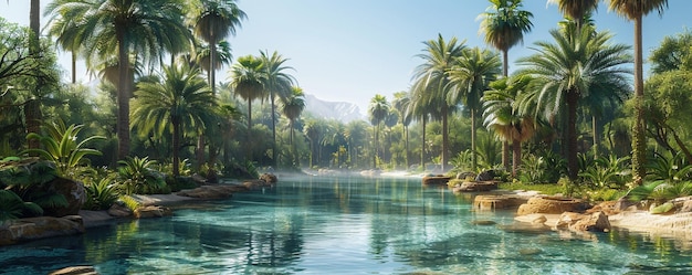 Photo a serene desert oasis surrounded by towering background