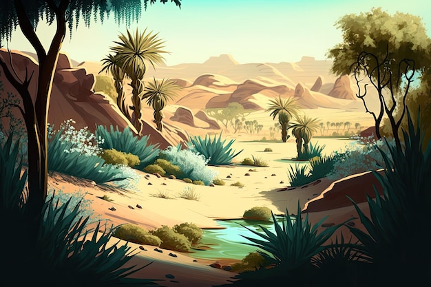 흐르는 시냇물이 있는 고요한 사막의 오아시스 제너레이티브 AI