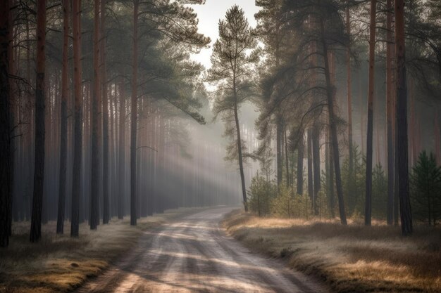 Foto serena strada sterrata che si snoda attraverso una lussureggiante foresta verde ia generativa
