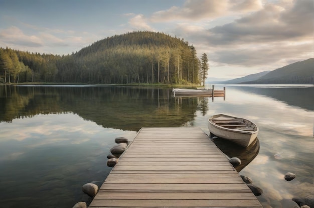 Serene dock on a peaceful lake with a small boat in the water