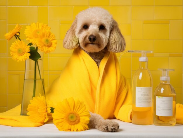 Фото Спокойная собака наслаждается массажем в спа-салоне для домашних животных