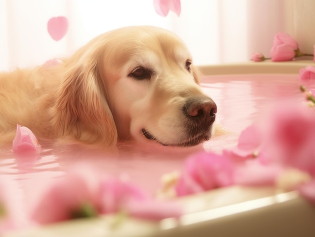 Спокойная собака наслаждается массажем в спа-салоне для домашних животных