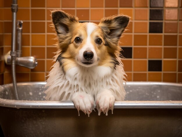 Foto cane sereno che si gode un massaggio in una spa per animali domestici