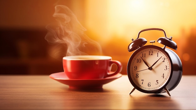 Photo serene early morning atmosphere with alarm clock and coffee on table perfect for text placement