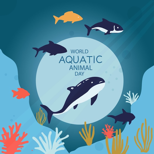 A serene and educational banner for World Aquatic Animal Day showcasing a variety of aquatic animals in their natural habitats Vector illustration