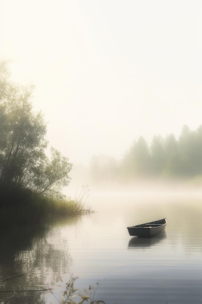 Serene eenzaamheid Een eenzame roeiboot op een mistig ochtendmeer