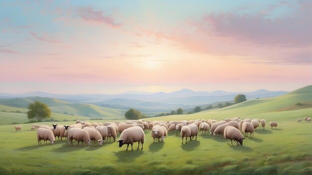 Photo serene eid aladha painting peaceful landscape with rolling hills