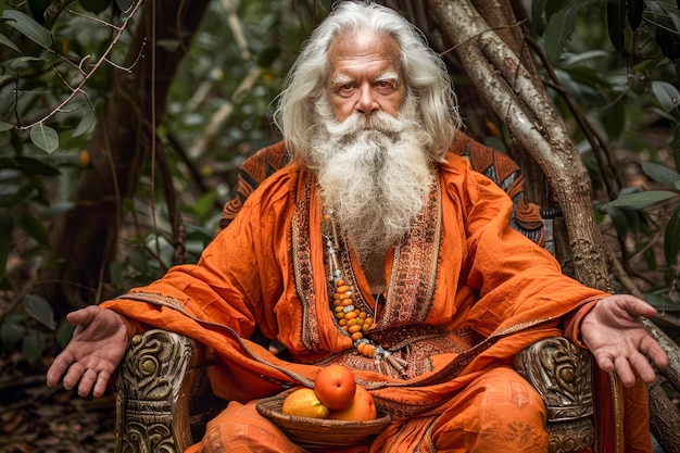 Фото Спокойный пожилой индийский йоги спокойно медитирует в пышном лесу
