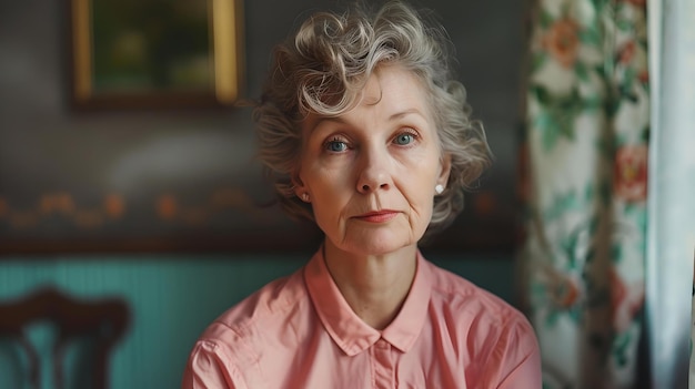 Спокойная пожилая женщина дома портрет с мягким взглядом винтажное вдохновленное изображение для образа жизни эмоциональный контент и маркетинг ИИ