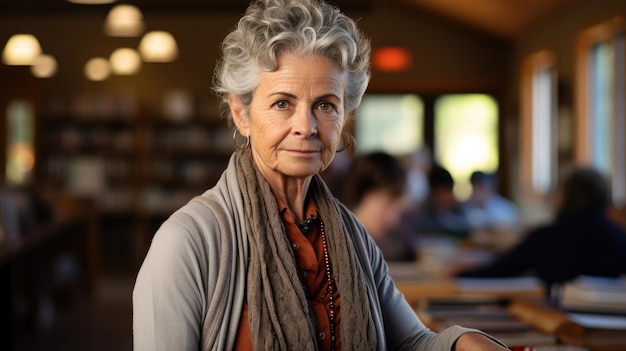 Photo serene elderly librarian in cozy cardigan