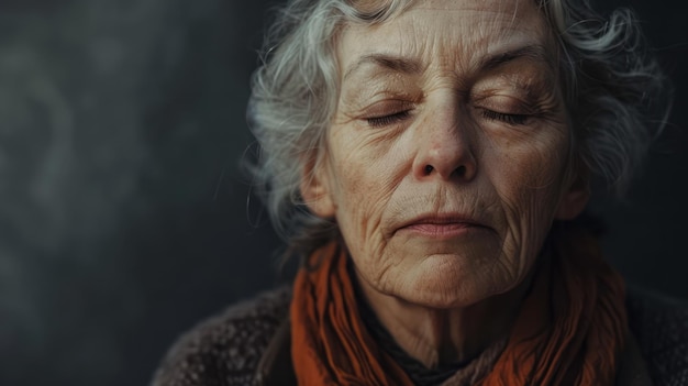 Спокойная пожилая женщина занимается медитацией осознанности для внутреннего мира и благополучия