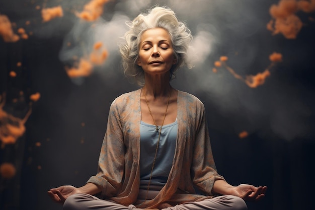 A serene elderly woman with closed eyes during yoga meditation Generative Ai