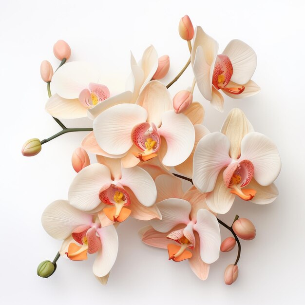 Спокойная элегантность захватывающая фотореалистичная персиковая и сливочная орхидея цветут на чистой белой капусте
