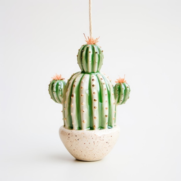 Serene Elegance Delicate Pottery Cactus Ornament Blooming against a Pristine White Background