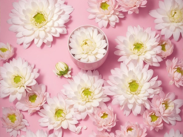 Serene Elegance White Chrysanthemums in a Pink Cup on a Pink Background