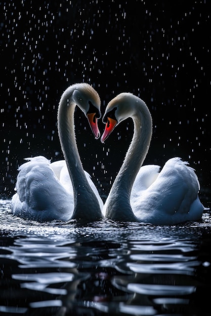 2羽の白鳥を愛し合う穏やかな抱擁 白鳥の愛情深い絆における崇拝と団結の優雅な表現 自然界の静けさと永遠の友情の象徴
