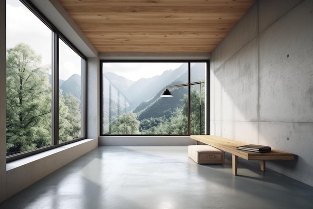 Serene en eenvoudige kamer met natuurlijk licht dat door een groot raam stroomt en een gezellige bank Generative AI