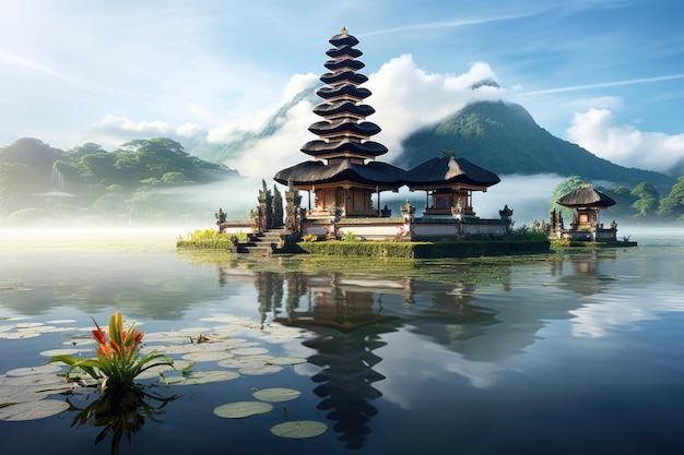 Спокойное и очаровательное изображение пагоды, расположенной посреди обширного водоема храма Улун Дану Братан на Бали, Индонезия