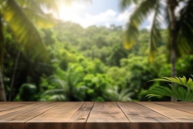 Безмятежный побег Очаровательный деревянный стол с видом на пышный тропический лес, созданный искусственным интеллектом