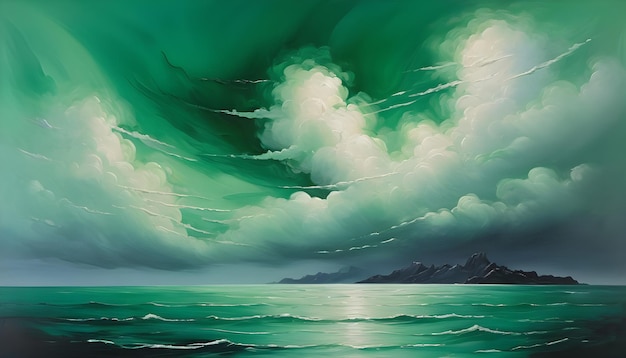 Serene Ethereal Emerald and Ivory Seascape with Clouds