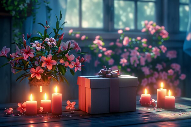 Serene Evening Scene with Blooming Flowers Lit Candles and Gift Box by a Window with Moonlight