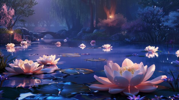 황혼의 부드러운 빛에 의해 조명 된 로터스 꽃과 함께 조용한 저녁 장면은 웅이의 조용한 물 위에 조용한 분위기를 던집니다.