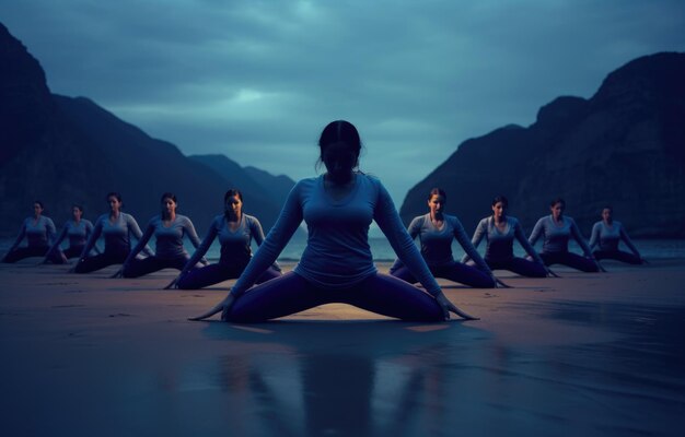 Foto sessione serena di yoga serale da parte di donne su una spiaggia appartata