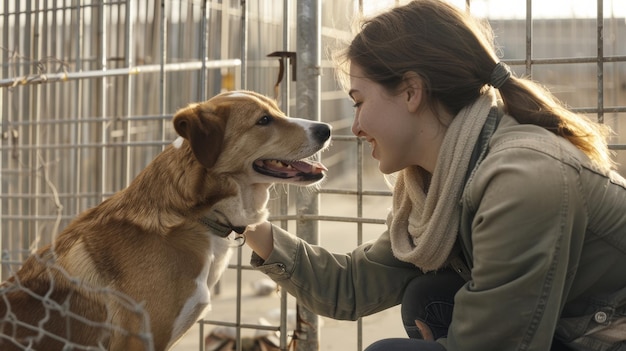 Foto scambio sereno tra una ragazza sorridente e un amichevole cane dietro una recinzione