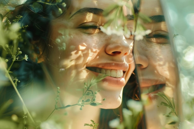 Photo serene face amidst greenery