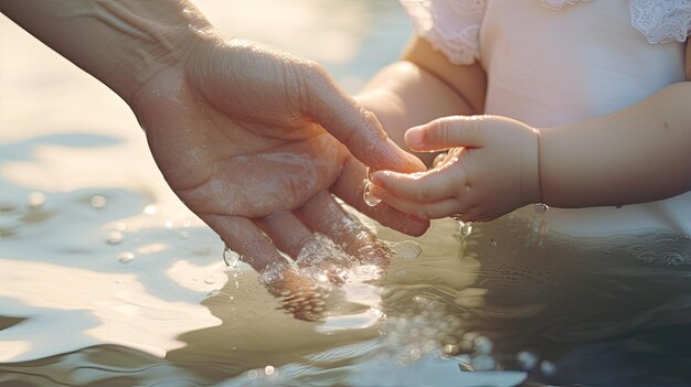 Photo the serene face of an infant during the sacrament of baptism with the priest's hand gently pouring water over the child's head