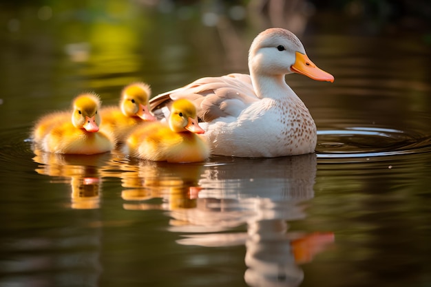 A serene family of ducks glides across a calm pond creating a perfect mirrored reflection on the wa