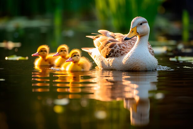 A serene family of ducks glides across a calm pond creating a perfect mirrored reflection on the wa