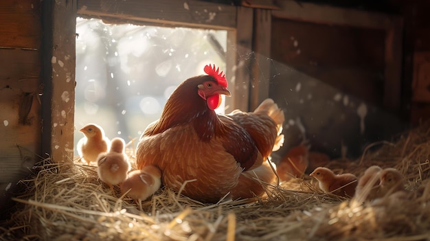 Serene farm scene with hen and chicks in straw nest warm rustic style countryside life captured in soft light AI