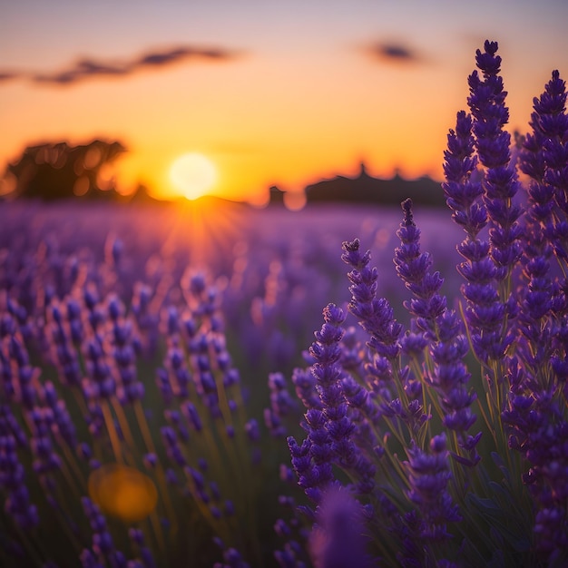 A serene field of lavender under a colorful sunset sky