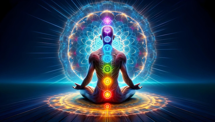 Photo a serene figure meditates back facing us emitting a bright aura with seven vibrant chakra colors a
