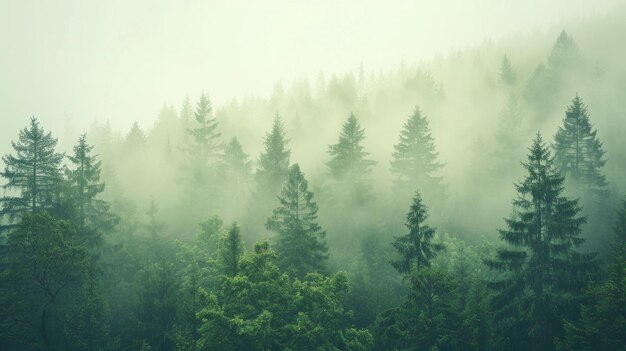 Photo a serene fir forest shrouded in mist with the scene rendered in a hipster vintage retro style that highlights the tranquil beauty of the landscape the muted tones ai generative
