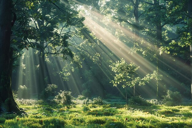 A serene forest clearing with sunlight streaming t