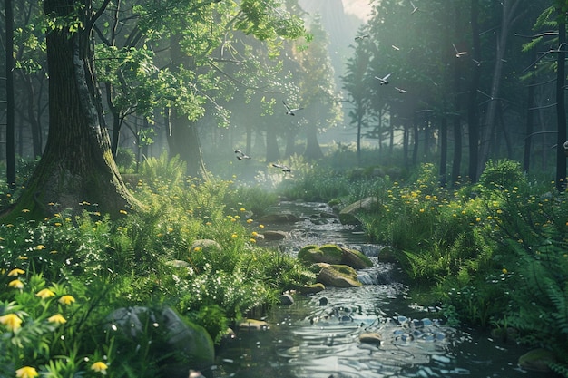 Photo a serene forest glade with a babbling brook and ch